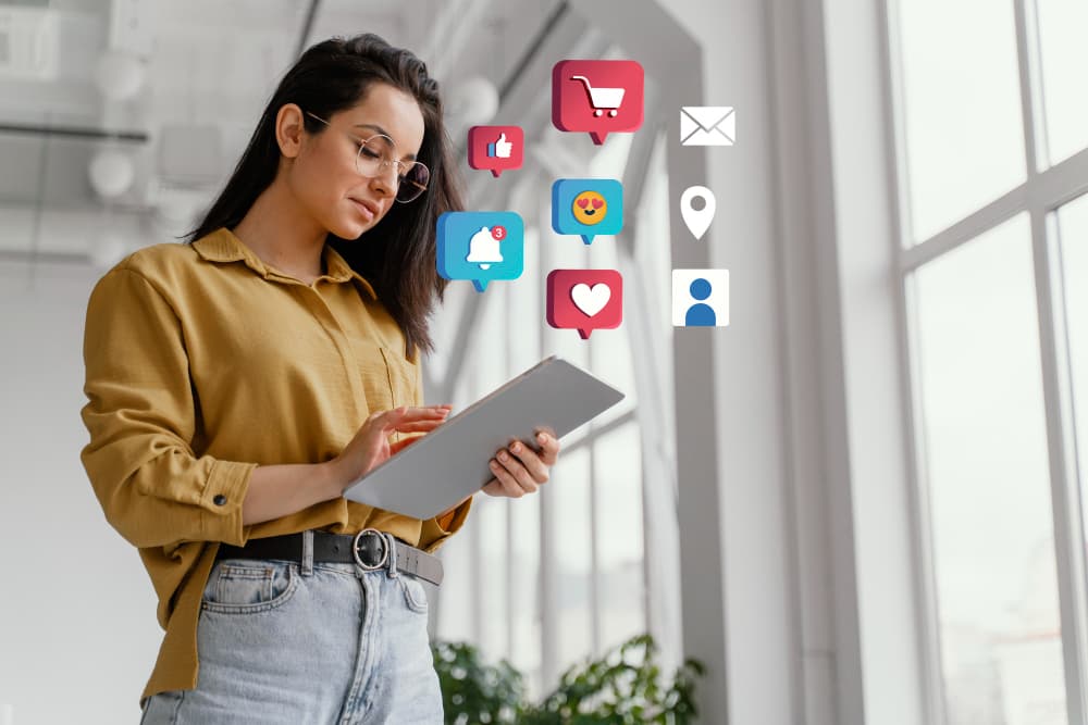 Une professionnelle gère des publications sur une tablette, entourée d’icônes de réseaux sociaux