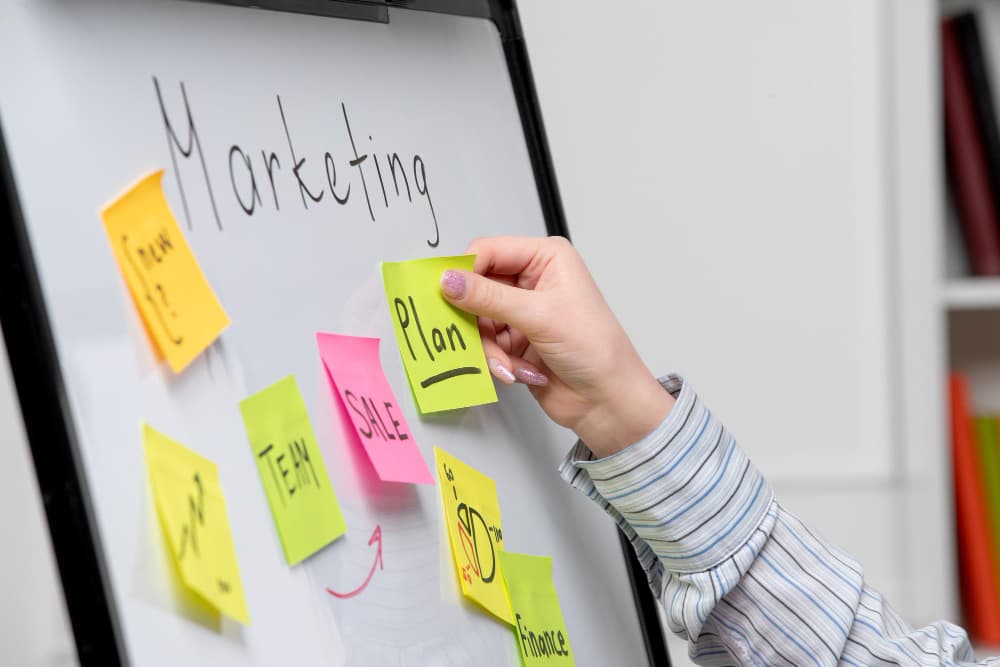 Plan marketing affiché sur un tableau de notes