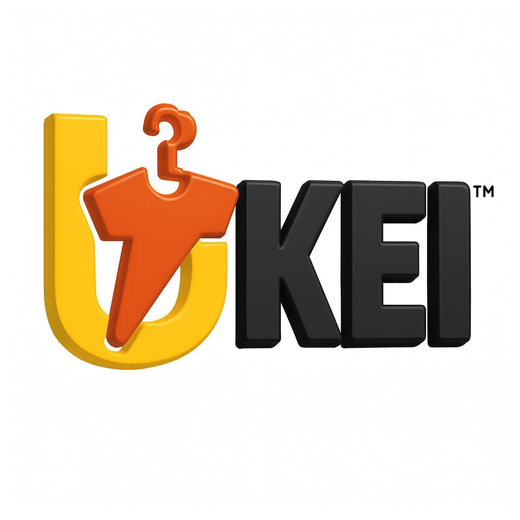 Logo UKEI : un U jaune portant un cintre et un t-shirt orange, suivi du mot KEI
