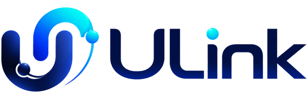 Logo ULink : un U bleu en ruban relié à deux points, suivi du mot ULink