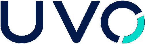 Logo UVO en bleu nuit, le O ouvert par un arc turquoise